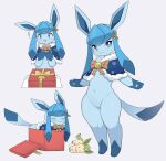 ambiguous_gender anthro biped blue_body blue_eyes bottomless clothed clothing eeveelution eyes_closed featureless_crotch generation_4_pokemon glaceon hi_res liteee looking_at_viewer navel nintendo pokemon pokemon_(species) simple_background solo white_background