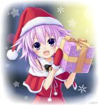  1girl :o absurdres alexstardust31 bell blush capelet christmas detached_collar dress english_commentary fur-trimmed_capelet fur_trim gift gloves hair_between_eyes hands_up hat highres medium_hair neck_bell neptune_(neptunia) neptune_(series) pom_pom_(clothes) purple_eyes purple_hair red_capelet red_dress red_gloves santa_dress santa_hat snowflake_background solo star_(symbol) star_print starry_background upper_body 