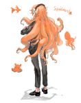  1girl black_jacket black_pants bow brown_hairband crossed_arms facing_away full_body hair_bow hairband ishmael_(project_moon) jacket limbus_company long_hair octopus orange_hair pants project_moon rope schtiglez simple_background solo squid tentacle_hair very_long_hair white_background white_bow 