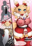 anthro areola bandai_namco black_sclera blue_eyes blush bodily_fluids breasts canid canine censored christmas christmas_clothing clothing digimon digimon_(species) erection female fur genital_fluids genitals hinata_sakamoto holidays male mammal nipple_piercing nipples piercing pussy renamon yellow_body