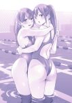  2girls absurdres ass asymmetrical_docking backless_swimsuit breast_press chain-link_fence commentary_request competition_swimsuit fence hand_on_another&#039;s_back hand_on_another&#039;s_neck hand_on_another&#039;s_shoulder highleg highleg_swimsuit highres hug lane_line long_hair looking_at_viewer macosee monochrome multiple_girls one-piece_swimsuit original ponytail pool purple_theme standing swimsuit symmetrical_docking teeth wading water yuri 