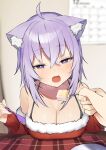  1girl akuto_(akuto_desu) animal_ear_fluff animal_ears blush breasts cake cat_ears cat_girl cleavage commentary dress fang food fur-trimmed_dress fur_trim highres holding holding_spoon hololive large_breasts looking_at_viewer medium_hair nekomata_okayu open_mouth purple_eyes purple_hair red_dress santa_dress solo spoon 