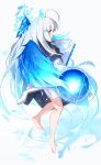  1girl absurdres aqua_eyes barefoot blue_bow blue_wings blush bow e-note from_side hair_bow hair_ornament highres long_hair looking_at_viewer magic original simple_background solo white_background white_hair wings 
