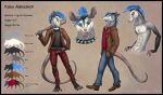 absurd_res american_opossum anthro blue_hair brushfire clothing english_text hair hi_res kalus male mammal marsupial model_sheet pattern_clothing plaid plaid_clothing punk solo text torn_clothing