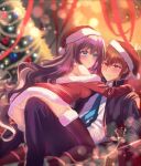  1boy 1girl a-chan_senpai all_fours alternate_costume black_jacket black_pants black_thighhighs blazer blue_eyes blue_necktie blurry blurry_background blush brown_hair christmas christmas_ornaments christmas_tree closed_mouth commentary convenient_leg couple dress embarrassed eyelashes floral_print frown fur-trimmed_dress fur_trim girl_on_top hair_between_eyes hat hetero highres hug indoors jacket knee_up little_busters! little_busters!_school_uniform long_hair long_ribbon long_sleeves looking_at_another looking_to_the_side lying miiizuno_lbs natsume_kyousuke necktie off-shoulder_dress off_shoulder on_back open_clothes open_jacket panties pants pantyshot parted_lips purple_hair red_eyes red_ribbon ribbon santa_dress santa_hat school_uniform shirt short_dress short_hair single_bare_shoulder sparkle sweat thighhighs underwear upturned_eyes very_long_hair wavy_hair white_panties white_shirt 