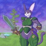  .hack 2017 anthro armor bludragoon breasts cat clothed clothing eyeliner feline female fur gloves grass makeup mammal melee_weapon mia_(.hack) pool_(disambiguation) purple_fur rock slit_pupils sword thick_thighs tree water weapon whiskers wide_hips 