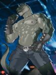 abs anthro armwear athletic belt biceps blurred_background bottomwear bottomwear_pull claws clothed clothing clothing_pull dinosaur fangs gloves green_body green_scales green_skin handwear hi_res jewelry jurassic_park jurassic_world lizard logo looking_at_viewer male multi_teeth muscular muscular_anthro muscular_male necklace nipples pants pants_pull patto pecs pockets pupils red_eyes reptile scales scalie serratus sharp_claws sharp_teeth shorts slit_pupils solo spiked_clothing spiked_gloves spikes spikes_(anatomy) teeth theropod topless torn_bottomwear torn_clothing torn_shorts tyrannosaurid tyrannosaurus tyrannosaurus_rex universal_studios yellow_sclera