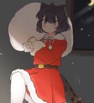  1girl :&lt; alternate_costume animal_ears bag belt black_hair black_jaguar_(kemono_friends) blue_eyes blush bow bowtie brown_belt dress fur_collar fur_trim hair_between_eyes highres jaguar_ears jaguar_girl jaguar_tail kemono_friends long_sleeves pantyhose red_dress santa_costume short_hair sidelocks solo tail tmtkn1 white_bow white_bowtie white_fur white_pantyhose 