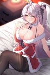  1girl absurdres azur_lane bare_shoulders black_bow black_pantyhose blurry blurry_background blush bow breasts cleavage closed_mouth commentary_request depth_of_field dress feet_out_of_frame fur-trimmed_dress fur_trim grey_hair hair_between_eyes hair_bow hand_up highres indoors knee_up large_breasts long_hair looking_at_viewer moyoron multicolored_hair nightstand on_bed orange_eyes pantyhose parted_bangs prinz_eugen_(azur_lane) red_dress red_hair santa_costume sitting smile solo streaked_hair thighband_pantyhose two_side_up very_long_hair 