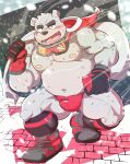 2023 anthro bear belly black_nose blush bulge christmas christmas_clothing christmas_headwear clothing detailed_background hat headgear headwear hi_res holidays humanoid_hands kemono male mammal moobs musclegut nipples outside overweight overweight_male polar_bear sansan_ocha santa_hat snow snowing solo underwear ursine walking