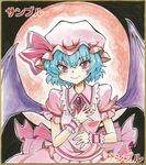  ascot bat_wings blue_hair blush brooch commentary_request dress hat jewelry marker_(medium) mob_cap moon puffy_short_sleeves puffy_sleeves red_eyes red_moon remilia_scarlet shikishi short_sleeves smile solo touhou traditional_media wings wrist_cuffs yagami_(mukage) 
