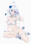  1girl :/ absurdres ahoge alternate_costume arm_support armband armlet bikini blue_bikini blue_butterfly blue_eyes blue_flower blue_hair blue_rose bow bow_bra bra breasts bug butterfly chain choker cleavage commentary cowlick drop-shaped_pupils feint721 flower footwear_bow frilled_choker frills full_body furina_(genshin_impact) g-string genshin_impact gloves hair_between_eyes hair_flower hair_ornament hand_on_own_face heterochromia high_heels highleg highres looking_at_viewer medium_breasts medium_hair navel off_shoulder rose simple_background sitting skindentation solo stomach strap_slip swimsuit thigh_strap thong underwear veil white_background white_bra white_choker white_footwear white_gloves white_hair yokozuwari 