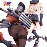  american_flag ass blonde_hair boots bra breasts character_name eyebrows_visible_through_hair gloves grey_bra grey_eyes grey_footwear grey_gloves grey_hat grey_shirt ground_vehicle hat hazuki_gyokuto looking_at_viewer looking_back machinery mahan_(zhan_jian_shao_nyu) medium_breasts midriff miniskirt motor_vehicle panties panties_under_pantyhose pantyhose pleated_skirt rigging rudder_shoes scooter shirt short_hair short_sleeves simple_background skirt smokestack solo thighband_pantyhose torpedo underwear upskirt white_background white_panties zhan_jian_shao_nyu 