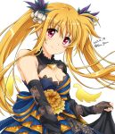  1girl 2023 black_gloves blonde_hair blue_dress breasts cleavage closed_mouth dated dress elbow_gloves fate_testarossa fingerless_gloves floating_hair flower gloves hair_between_eyes hair_flower hair_ornament highres layered_dress long_hair looking_at_viewer lyrical_nanoha mahou_shoujo_lyrical_nanoha_detonation medium_breasts red_eyes san-pon skirt_hold sleeveless sleeveless_dress smile solo sparkle twintails twitter_username very_long_hair white_background white_flower 
