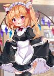  1girl absurdres alternate_costume animal_ear_fluff animal_ears apron black_thighhighs blonde_hair blurry blurry_background blush bow bowtie breasts cowboy_shot crystal depth_of_field enmaided fang flandre_scarlet frilled_apron frilled_skirt frills happy head_tilt heart highres indoors iris_(airisu495) juliet_sleeves long_hair long_sleeves looking_at_viewer maid maid_headdress multicolored_wings one_side_up open_mouth puffy_sleeves red_bow red_bowtie red_eyes skin_fang skirt skirt_hold small_breasts solo thighhighs touhou waist_apron white_apron wings zettai_ryouiki 