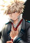  1boy absurdres adjusting_clothes adjusting_necktie bakugou_katsuki blazer blonde_hair boku_no_hero_academia closed_mouth collared_shirt esora-arts grey_jacket highres jacket male_focus necktie red_eyes red_necktie school_uniform shirt short_hair solo spiked_hair u.a._school_uniform white_shirt 