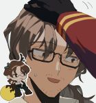  1boy 1other beard_stubble black_gloves brown_eyes brown_hair dante_(limbus_company) e.g.o_(project_moon) glasses gloves golden_apple_(project_moon) gregor_(project_moon) headpat highres limbus_company low_ponytail meisenlcb open_mouth petting project_moon simple_background smile white_background 