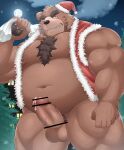 2023 absurd_res anthro bear belly bodily_fluids brown_body bulge censored christmas christmas_clothing christmas_headwear clothing detailed_background erection genital_fluids genitals hat headgear headwear hi_res holidays kemono male mammal moobs moon navel night nipples nisikemo outside overweight overweight_male penis plant precum pubes santa_hat solo tree underwear