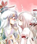  2girls arm_belt bangs blue_hair blunt_bangs blush bow breasts cleavage closed_eyes commentary constricted_pupils dress fingernails from_side fujiwara_no_mokou hair_bow hand_on_another's_shoulder hand_up hat heart highres imminent_kiss kamishirasawa_keine komaku_juushoku lavender_hair long_sleeves medium_breasts multicolored_hair multiple_girls open_mouth outline pink_background pointy_ears profile puffy_long_sleeves puffy_short_sleeves puffy_sleeves red_eyes ribbon shirt short_sleeves sleeveless sleeveless_dress surprised sweatdrop touhou two-tone_hair upper_body white_hair white_shirt yuri 
