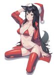  1girl :o alternate_costume animal_ear_fluff animal_ear_piercing animal_ears arched_back arknights arm_support arm_up armpit_crease bikini black_hair black_tail blue_eyes breasts breasts_apart christmas collarbone collared_shirt come_hither commentary covered_nipples crossed_bangs dress_shirt english_commentary fingernails from_side full_body fur-trimmed_bikini fur-trimmed_headwear fur_trim groin hair_flowing_over hand_on_headwear hat head_back high_collar highres hoop_piercing invisible_floor long_fingernails long_hair long_sleeves looking_at_viewer looking_to_the_side medium_breasts multicolored_eyes navel open_clothes open_mouth open_shirt orange_eyes piercing pom_pom_(clothes) red_bikini red_headwear red_shirt red_thighhighs ribs santa_bikini santa_hat shadow shiny_clothes shiny_legwear shiny_skin shirt sideboob sidelocks siguya simple_background sitting skindentation skinny solo stomach straight_hair swept_bangs swimsuit tail teeth texas_(arknights) thighhighs thighs tongue two-tone_eyes underboob upper_teeth_only very_long_hair wariza white_background wing_collar wolf_ears wolf_girl wolf_tail 