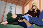  barefoot blonde_hair blue_eyes cigarette closed_eyes couple cowboy_bebop feet green_hair highres julia julia_(cowboy_bebop) lucyguusi spike_spiegel suit sweater turtleneck turtleneck_sweater wrestling 