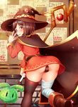  absurdres ass bandaged_leg bandages black_hair black_legwear black_panties blush cabbage cape fingerless_gloves from_behind gloves hat highres kono_subarashii_sekai_ni_shukufuku_wo! looking_at_viewer looking_back megumin moyashi_baasuto open_mouth panties red_eyes short_hair single_thighhigh solo staff thighhighs underwear witch_hat 