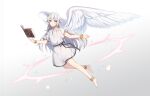  1girl absurdres anklet barefoot blue_eyes book bracelet feathered_wings floating floating_book floating_object full_body grey_background grey_hair highres jewelry long_hair original short_sleeves sisi:shishi smile solo white_wings wings 