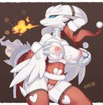 anthro areola big_breasts biped blue_eyes breasts breath_powers clothing elemental_manipulation female fire fire_breathing fire_manipulation fur generation_5_pokemon genitals hi_res legendary_pokemon looking_at_viewer nintendo nipples pink_areola pink_nipples pokemon pokemon_(species) pussy reshiram simple_background solo white_body white_fur zinfyu