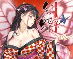  asa_no_ha_(pattern) bangs bare_shoulders black_hair blunt_bangs blush breasts bug butterfly butterfly_wings cleavage happoubi_jin insect japanese_clothes kimono large_breasts long_hair multicolored_hair obi off_shoulder original parted_lips purple_eyes red_hair red_string sash solo string two-tone_hair wings 