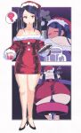  1girl ? ass bar_(place) bare_shoulders bartender beer_mug breasts christmas cocktail cocktail_glass cocktail_shaker commentary cup dress drinking_glass drunk high_heels highres holding holding_shaker inkerton-kun jill_stingray long_hair looking_at_viewer medium_breasts mug open_mouth purple_hair red_eyes santa_dress smoking stiletto_heels stool twintails va-11_hall-a 