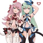  2girls :d :o aqua_eyes arm_at_side arm_strap arm_up armband bare_shoulders black_collar black_panties bow bright_pupils cat_tail collar cowboy_shot fang flat_chest flipped_hair flower frilled_armband frills gloves green_hair hair_between_eyes hair_bow hair_ornament half-closed_eyes heart highres honkai_(series) honkai_impact_3rd iiros liliya_olenyeva long_hair looking_at_viewer multiple_girls navel open_mouth panties pink_hair red_bow red_flower revealing_clothes rozaliya_olenyeva short_eyebrows simple_background skin_fang smile standing straight_hair tail thick_eyebrows thighhighs two-tone_gloves underwear v-shaped_eyebrows white_background white_gloves white_pupils white_thighhighs wide_hips 