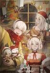  1boy 2b_(nier:automata) 2girls 9s_(nier:automata) a2_(nier:automata) alternate_costume animal_ears antlers blush brown_dress character_doll christmas christmas_ornaments christmas_sweater christmas_tree closed_mouth commentary deer_ears doll dress english_commentary english_text fake_animal_ears fake_antlers fur-trimmed_headwear fur_trim grey_eyes hair_between_eyes hat highres holding holding_doll indoors long_hair long_sleeves looking_at_viewer merry_christmas mole mole_under_mouth multiple_girls nier:automata nier_(series) open_mouth pod_(nier:automata) red_dress red_headwear red_scarf reindeer_antlers santa_hat scarf short_hair smile sweater teeth tricoliet white_hair window 