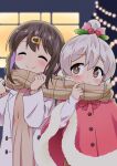  2girls ^_^ ahoge akou_roushi black_hair blush breath brown_eyes brown_scarf closed_eyes coat commentary_request dot_nose fur_trim grey_hair hair_ornament hairclip happy holly_hair_ornament long_sleeves multicolored_hair multiple_girls night onii-chan_wa_oshimai! open_clothes open_coat outdoors oyama_mahiro oyama_mihari poncho purple_hair scarf shared_clothes shared_scarf siblings sisters smile two-tone_hair white_coat winter winter_clothes 