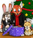 anthro bad_guy_cafe blue_eyes brown_body brown_eyes brown_fur brown_hair canid canine canis christmas christmas_gift christmas_tree domestic_dog female fish fox fur group hair holidays lagomorph leporid male mammal marine ocerydia_zoona orange_body orange_fur plant rabbit sand_fur scarf shiba_inu spitz tan_body tan_fur tree trio white_body white_fur yaya_(ziegrydia) ziegelzeig ziegelzeig_zoona