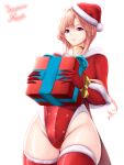  1girl absurdres alternate_costume ass_visible_through_thighs azur_lane box breasts brown_hair capelet christmas_present clemenceau_(azur_lane) coattails collar cowboy_shot elbow_gloves english_commentary french_text fur-trimmed_capelet fur_trim gift gift_box gloves gold_choker groin hat highres holding holding_gift large_breasts leotard long_hair looking_at_viewer musanix parted_lips red_collar red_eyes red_gloves red_leotard red_thighhighs santa_costume santa_hat sidelocks simple_background skindentation solo_focus standing thighhighs white_background 