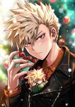  1boy absurdres bakugou_katsuki blonde_hair boku_no_hero_academia character_doll christmas christmas_present christmas_tree earrings esora-arts explosive gift grenade heart highres holding holding_gift jacket jewelry leather leather_jacket looking_at_viewer male_focus orange_shirt red_eyes shirt short_hair solo spiked_hair 