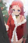  1girl blue_archive blush box buttons christmas christmas_tree closed_mouth cowboy_shot drive_shot forehead gift gift_box groin highres holding holding_gift long_hair merry_christmas purple_eyes red_hair santa_costume solo yuzu_(blue_archive) 