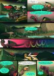 absurd_res comic dialogue dinosaur dragon dragonscape drekir dromaeosaurid english_text fantasy female feral forest forl_(thepatchedragon) gila_(thepatchedragon) group hi_res hiker_(thepatchedragon) jat_(thepatchedragon) male melee_weapon plant polearm post-apocalyptic reptile river scalie spear sunrise text thepatchedragon theropod tree weapon