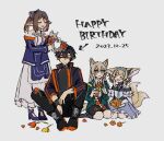  1boy 3girls animal_ears arknights black_hair blonde_hair blue_eyes blue_hairband blush brown_hair closed_eyes closed_mouth commentary dated demon_boy dog_ears dog_girl dog_tail earpiece flamebringer_(arknights) flower_wreath fox_ears fox_girl fox_tail full_body hairband happy_birthday highres horns infection_monitor_(arknights) light_brown_hair long_hair multiple_girls open_mouth perfumer_(arknights) podenco_(arknights) pointy_ears ruozhe short_hair simple_background single_horn suzuran_(arknights) symbol-only_commentary tail white_background 