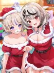  2girls :o absurdres belt black_belt black_collar black_hair blonde_hair blurry blurry_background blush braid braided_bangs breasts cleavage collar collarbone commentary_request dress ear_piercing earclip fake_facial_hair fake_mustache fang fingernails fur-trimmed_dress fur_trim grey_hair hair_ornament hat heart_pendant highres hololive hololive_dev_is hoop_piercing indoors large_breasts light_particles long_fingernails looking_at_viewer medium_breasts medium_hair multicolored_hair multiple_girls multiple_piercings nail_polish off-shoulder_dress off_shoulder one_side_up open_mouth piercing pom_pom_(clothes) purple_eyes purple_hair red_dress red_eyes red_headwear red_nails rinkaa_(lovelive765pro2) sakamata_chloe santa_costume santa_hat short_hair sitting smile streaked_hair todoroki_hajime virtual_youtuber x_hair_ornament 