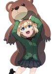  1girl arms_up black_footwear black_skirt black_socks blonde_hair blue_eyes buchikaki girls_und_panzer green_jacket green_shirt hair_between_eyes head_tilt highres holding holding_stuffed_toy jacket katyusha_(girls_und_panzer) large_teddy_bear leg_up long_sleeves open_mouth pravda_school_uniform red_shirt school_uniform shirt shoes short_hair simple_background skirt smile socks stuffed_toy v-shaped_eyebrows white_background 