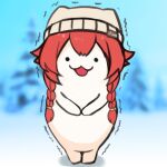  1girl :3 :d beanie blue_archive blurry blurry_background braid brown_headwear commentary_request depth_of_field full_body hair_flaps hat long_hair looking_at_viewer low_twintails lowres nazomaki_(blue_archive) o_o red_hair rumiya9i smile snow solo standing trembling twin_braids twintails very_long_hair 