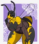  2017 abdomen antennae anthro arnachy arthropod bent_over big_breasts black_body black_eyes bottomless breasts candy clothed clothing female food insect insect_wings jacket licking lollipop looking_at_viewer solo stinger suggestive tongue tongue_out vesp wasp wings yellow_body 