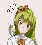  ?? alternate_eye_color alternate_hair_color animal animal_on_shoulder asymmetrical_hair bangs bird bird_on_shoulder blonde_hair bow bowtie closed_mouth collared_shirt commentary_request crossover eyebrows_visible_through_hair ganymede_(overwatch) green_eyes hair_bow hair_rings head_tilt long_hair long_sleeves looking_at_viewer love_live! love_live!_school_idol_project minami_kotori orange_bow orange_neckwear otonokizaka_school_uniform overwatch qingchen_(694757286) red_bow school_uniform shirt simple_background smile solo twitter_username upper_body white_shirt wing_collar 