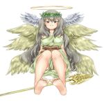  1girl angel angel_wings bare_legs bare_shoulders barefoot blue_eyes breasts closed_mouth commentary_request feathered_wings feet full_body grey_hair hair_between_eyes halo head_wings knees_up large_breasts laurel_crown light_blush long_hair looking_at_viewer mon-musu_quest! mon-musu_quest:_paradox multiple_wings pippi_(ku_ro_do_zorizo_to) polearm seraph_eden simple_background sitting smile soles solo spear straight-on toes toga very_long_hair weapon white_background wings 