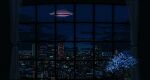  building city_lights cityscape cloud commentary_request curtains indoors night night_sky no_humans original orval reflection scenery shooting_star sky star_(sky) starry_sky window 