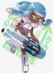  1girl :o arrow_(symbol) ballpoint_splatling_(splatoon) blue_hair commentary_request dark-skinned_female dark_skin full_body gun highres holding holding_gun holding_weapon inkling inkling_girl long_hair pointy_ears shina_shina shoes solo splatoon_(series) splatoon_3 star_(symbol) star_in_eye symbol_in_eye tentacle_hair weapon white_background white_footwear yellow-framed_eyewear yellow_eyes 