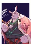 2023 anthro belly big_belly clothed clothing hi_res humanoid_hands kemono lagomorph leporid male mammal mature_male overweight overweight_male rabbit scar shangri-la_frontier simple_background solo tengzai05 vorpal_rabbit vysache