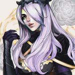  breasts camilla_(fire_emblem_if) cleavage cleavage_cutout european_clothes fire_emblem fire_emblem_if flower gauntlets hair_ornament hair_over_one_eye highres large_breasts long_hair looking_at_viewer purple_hair solo tiara 