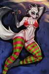 anthro biped blush breasts canid canine clothed clothing eyelashes female fur hi_res johnfoxart legwear looking_at_viewer lying mammal multicolored_body on_back panties pupils smile thigh_highs underwear